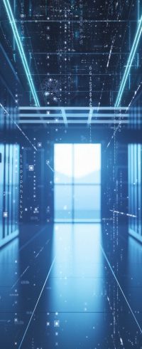 Data Center. Animated Digitalization of Information, Stream Moving Through Servers. Web, Net, Threads of Interconnected Bits of Data Moving
